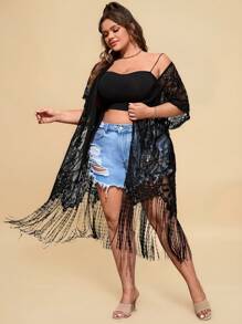 Travachic Kimono estivo taglie grandi con maniche a dolman, orlo con frange e pizzo, senza camicetta