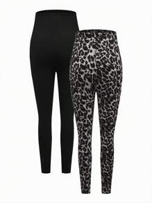 Modmama Set de leggings de maternidad ajustables de punto con estampado negro y de leopardo