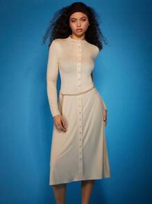 COSMINA Women's Solid Color Long Sleeve Single-Breasted Casual Midi Dress - Khaki - View 4