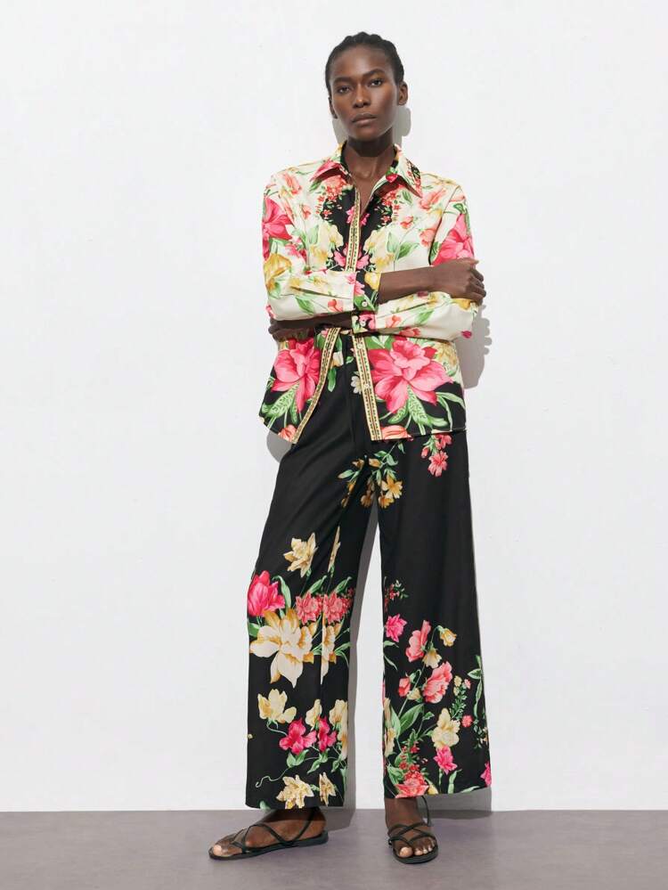 SHEIN Maija Black Base Printed Design Flowy Wide Leg Pants, Comfortable Casual Versatile Spring/Summer Women's Vacation Resort Wear