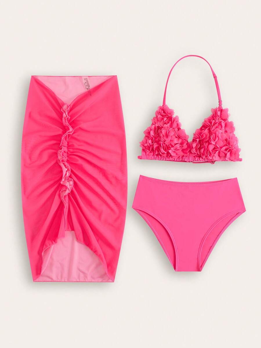 New Stylish Tween Girl Floral 3pcs Swimwear Set - Hot Pink - View 1