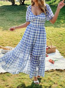 Flirla Váy xòe tay bồng kẻ caro xanh trắng cỡ lớn bằng vải chiffon buộc lưng, mùa xuân/hè - Màu xanh lam - Xem 5