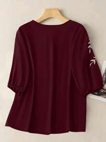 Linhara Plus Size Women Elegant Collar Contrast Color Pull-Cord Printed Blouse - Burgundy - View 2