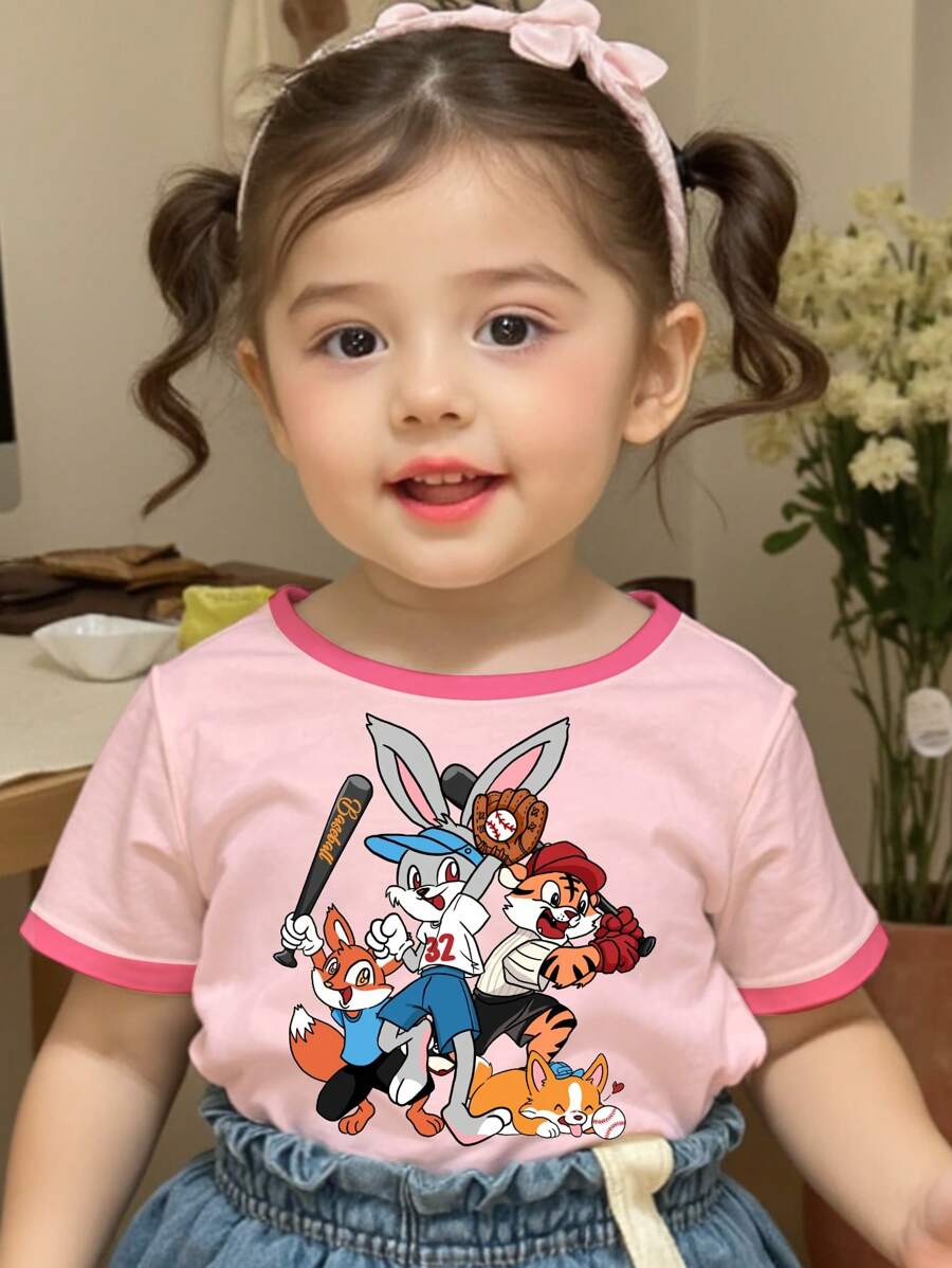 SHEIN Cute Cartoon Rabbit Pattern Baby Girl Casual Minimalist Short Sleeve Round Neck Tee, Suitable For Summer - Multicolor - View 1