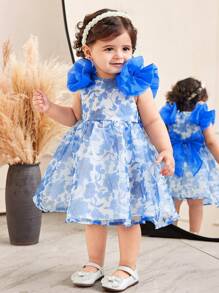 SHEIN Leap Crew Babygirl Elegant Floral Patterned Summer Dress - Blue - View 4