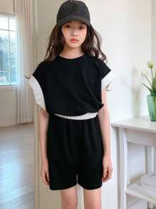 Dazy Kids 2 件套青少年女孩拼色蝙蝠袖上衣和短裤套装，女孩夏季服装，返校服装 - 黑色 - 查看 6