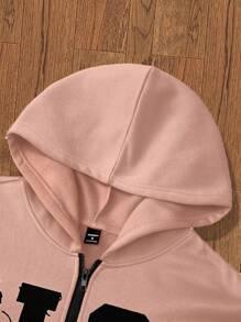 Manfinity Roghcode 男士休闲字母印花拉链连帽衫运动衫，秋冬，男朋友礼物，趣味图案男士运动衫，粉色男士上衣运动衫，印有“RICH SOON” - 藕粉色 - 查看 6