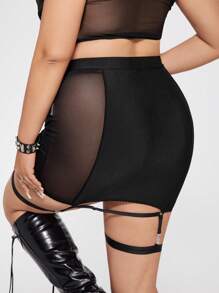 SHEIN ICON Plus Size Women Tight-Fitting Mesh Patchwork See-Through Suspender Garter Waist Design Low-Rise Mini Skirt - Black - View 2