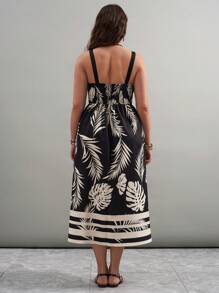 SHEIN LUNE SHEINLUNE 大码黑白植物花卉印花吊带连衣裙 春假波西米亚风狂欢服装 节日春假服装 老钱风格女士狂欢服装 音乐会服装女士狂欢服装 节日狂欢服装 乡村音乐会服装 纳什维尔服装 伊比沙岛服装 西部服装女士 波西米亚风度假服装女士 图案热带度假女装
