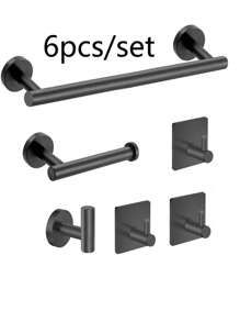 Bộ phụ kiện phòng tắm bằng thép không gỉ 6 món bao gồm thanh treo khăn, giá treo giấy vệ sinh, móc treo tường, móc treo áo choàng, móc treo áo khoác cho bộ phụ kiện phòng tắm - màu đen - Xem 1