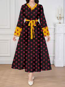 Al Najma Váy xòe tay loe họa tiết hoa nhỏ màu sắc tương phản thanh lịch dành cho nữ - màu đen - Xem 7