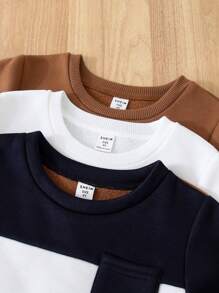 SHEIN 1 Obtén 6 piezas Conjunto de sudadera de cuello redondo de manga larga y pantalón de chándal de cintura elástica para niños pequeños, de unicolor y block de color, adecuado para volver a la escuela, cumpleaños, baby shower, fiesta de vacaciones, otoño/invierno, felpa, engrosado