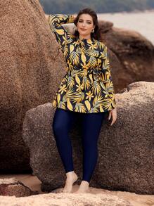 Swim Mulvari Plus Size Women   3D Leaf Print Long Sleeve Long Pants Modest Casual Vacation 2Pcs Tie-Up Swimsuit - Multicolor - View 5