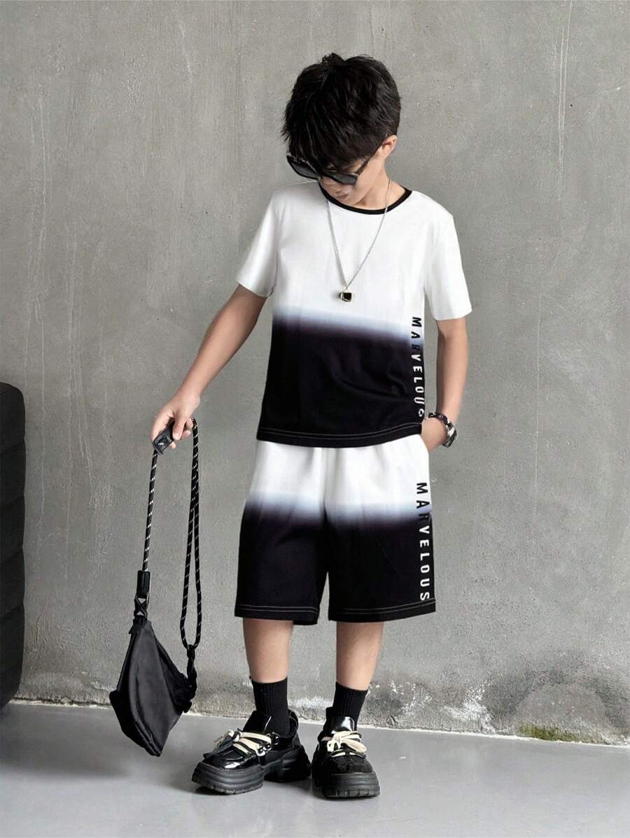 SHEIN Tween Boy Letter Graphic Ombre Contrast Trim Tee & Drawstring Waist Shorts - Black - View 1