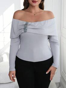 Calvaya Plus Size Women Elegant Gray Knitted Long Sleeve Off Shoulder Decorative Button Slim Fit T-Shirt - Grey - View 1