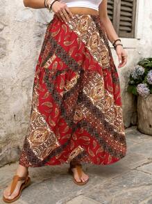 Breezaya Plus Size Women Multicolor Floral Print Elastic Waist Ruffle Hem Beach Vacation Skirt, Versatile Fashion Design, Spring/Summer New Arrival