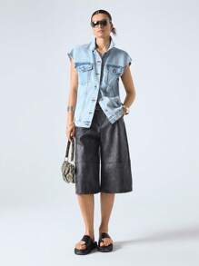 LYSMO Women's Single-Breasted Cap Sleeves Cargo Pocket Casual Loose Denim Jacket 2025 New Arrivel Summer - Blue - View 3