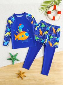 SHEIN Young Boys Swimwear,Boys' Two Pieces Swimsuit For Beach Vacation, Cute Long-Sleeved And Long-Pants Swimsuit With Cartoon Dinosaur Prints For Boys, Suitable For Swimming On Vacation In Spring And Summer