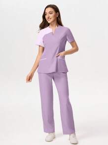 TaskEZ Medical Pajama Uniform Set With Short Sleeve V-Neck Top And Contrasting Pants - Purple Lilac - View 3