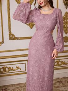 Modelyn Women's Floral Lace Lantern Sleeve Square Neck Elegant Dress
