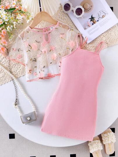 SHEIN 2pcs Young Girl' Flower Decor Net Yarn Knitted Strap Elegant Soft Pink Wedding Flower Girl Dress Set