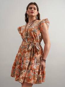 SHEIN VCAY Plus Size Summer Beach Paisley Print Ruffle Trim Belted Nashville Short Dress,Boho,Tie Dye,Vacation,Holiday,Country Western Wear Women,Concert Outfit - Multicolor - View 3
