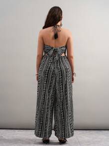 SHEIN VCAY Plus Size Black And White Summer Boho Elegant Vacation Holiday Wide Leg Jumpsuit With Neck Strap,Graphic Western Wear Concert Rave Festival Outfits - Black and White - View 2