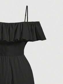 SHEIN ChillGRL Tween Girls Summer Open Shoulder Jumpsuit, Fashion Style - Black - View 4