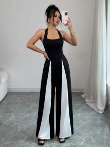 Elenzga Bộ đồ liền thân ống rộng hở lưng phối màu cho nữ - màu đen - Xem 3
