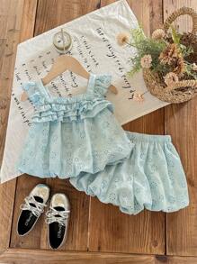 SHEIN LMoss Kids Babygirl schattige zomer vakantie bloemen borduurwerk ruche rand camisole en shorts set