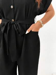 SHEIN CURVE+ Plus Size V-Neck Sleeveless Jumpsuit, Waist Cinched Tie, Pockets, Casual Summer Holiday Wearsummer/Country/Beach Vacation Outfits/Beach Outfits/Beach Wear - Black - View 8