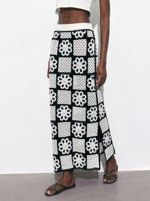 Maija Women's Floral Plaid Crochet Long Skirt, Beach Vacation Style Suitable For St. Patrick's Day, Spring Break, Easter, Music Festivals,Vacation Outfits