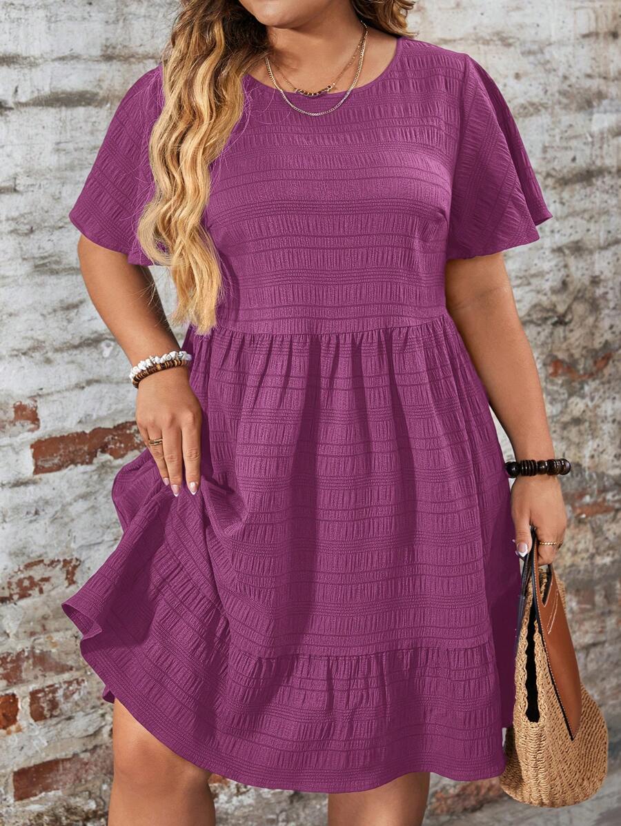 SHEIN LUNE Plus Size Women Solid Color Round Neck Ruffle Short Sleeve Ruffled Hem Casual Dress - Red Violet - View 1