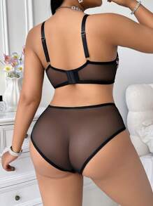 Seduluxe 2 Pcs/Set Curvy Sexy Wild Leopard Print Push-Up 3/4 Cup Underwired Floral Lace High-Waist Panty Plus Size Bra Set, Leopard & Black