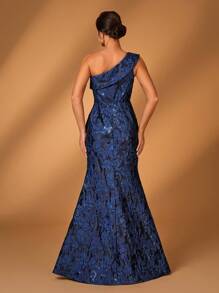Serin Elegante e luxuoso vestido de cetim jacquard azul marinho com um ombro, pregas e barra de cauda de sereia com flores 3D, adequado para casamentos, eventos, festas, férias, vestidos de festa formal para mãe da noiva - Azul Marinho - Visão 5