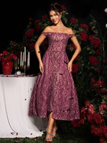 Coutiva 优雅蕾丝刺绣派对礼服，奢华淑女风格礼服奢华晚礼服，长款晚礼服，适合音乐节春/夏，婚礼宾客礼服，舞会礼服 - 酒紅色 - 查看 5