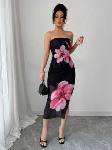 Elenzga Women's Strapless Flower Print Sexy Dress