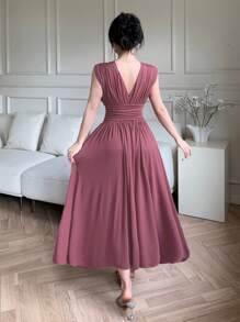 DAZY Vestido largo elegante de mujer con cuello en V, drapeado, sin mangas y de unicolor, vestido de cóctel o vestido de fiesta elegante - Rojo violeta - Ver 2