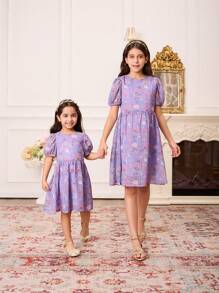 SHEIN Vestido elegante y dulce de gasa con estampado floral y mangas abullonadas para niñas pequeñas en color púrpura - Morado - Ver 5