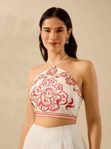 CAJUNI Women's Boho Tropical Floral & Monstera Plant Print Crop Halter Top, Casual Summer Beach Wear