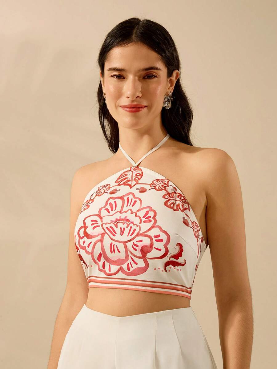 CAJUNI Women's Boho Tropical Floral & Monstera Plant Print Crop Halter Top, Casual Summer Beach Wear