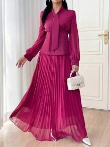 Modelyn 2pcs Women Elegant Suit Set: Pleated Skirt And Jacket - Hot Pink - View 3