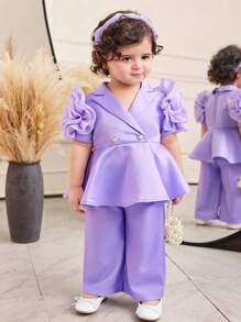 SHEIN Bộ 2 món áo hoa satin tím tay ngắn và quần dài cạp chun cho bé gái, mùa hè - Màu tím - Xem 3