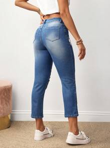 SHEIN Tall Jeans casuales de mujer con estampado floral y bolsillo con botones en la bragueta - Azul - Ver 2