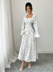 Yasmyna Váy chữ A dài tay thắt eo in họa tiết dệt cho nữ theo phong cách Ả Rập - Màu xanh lam - Xem 6