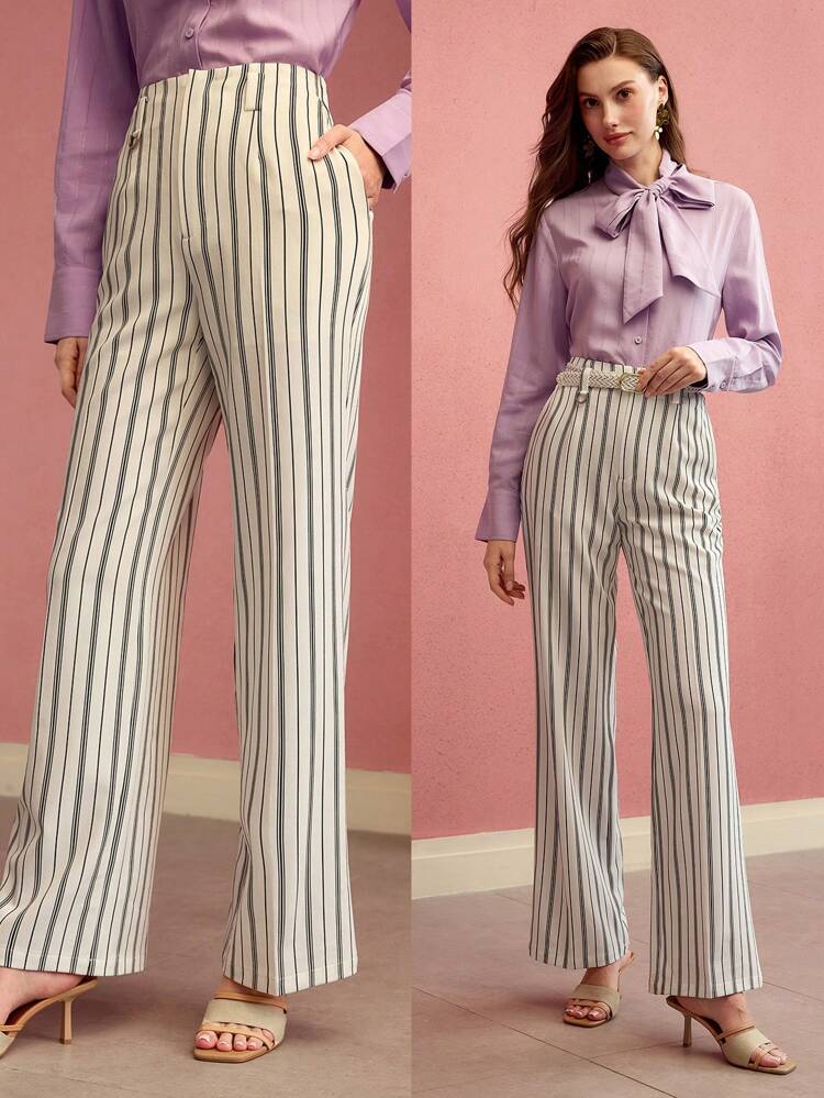 STRIPED SLANT POCKET FLARE LEG PANTS,SPRING/SUMMER