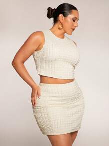 SHEIN BAE 2pcs/Set Plus Size Women White Summer Elegant Party Apricot Marl Round Neck Vest Crop Top And Mini Skirt Set,Casual High Street For Outing,Office Wear - Apricot - View 7