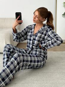 RueChic 2pcs Women Soft Touch Suede Button Front Detail Plaid Pattern PJ Set - Multicolor - View 5