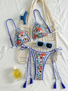 Swim Mod 2 件套彩色印花性感吊带三角比基尼泳装比基尼套装女士夏季海滩度假 - 彩色 - 查看 2
