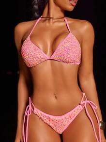 SHEIN Swim 2 Stück Frühlings-Break Neue einfarbige Netz-Struktur Neckholder Sexy Elegantes Bikini-Set, für Pool-Party, für Sommer Strandurlaub